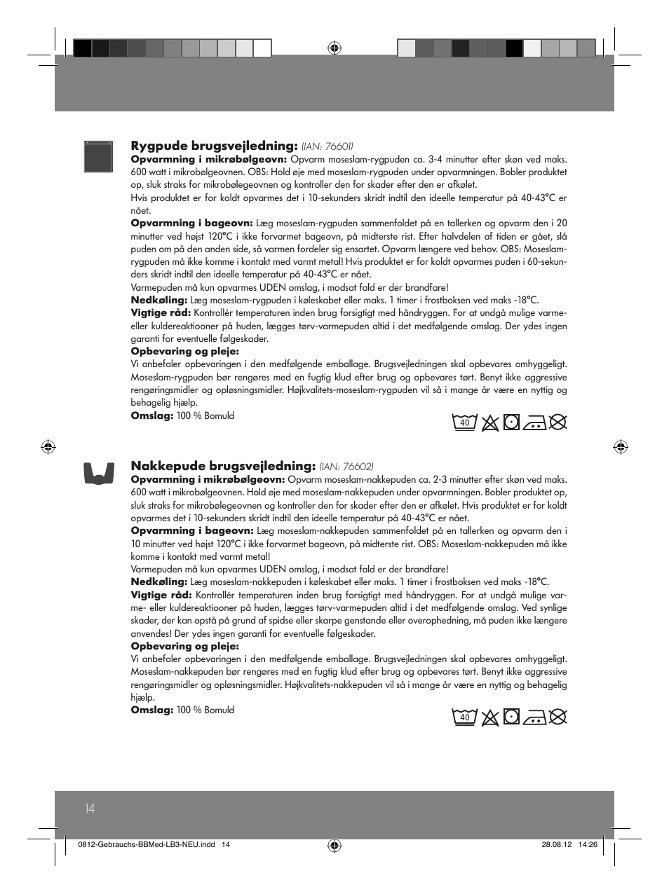 14 rygpude brugsvejledning, Nakkepude brugsvejledning | Sensiplast Moor Mud Pillow User Manual | Page 14 / 16