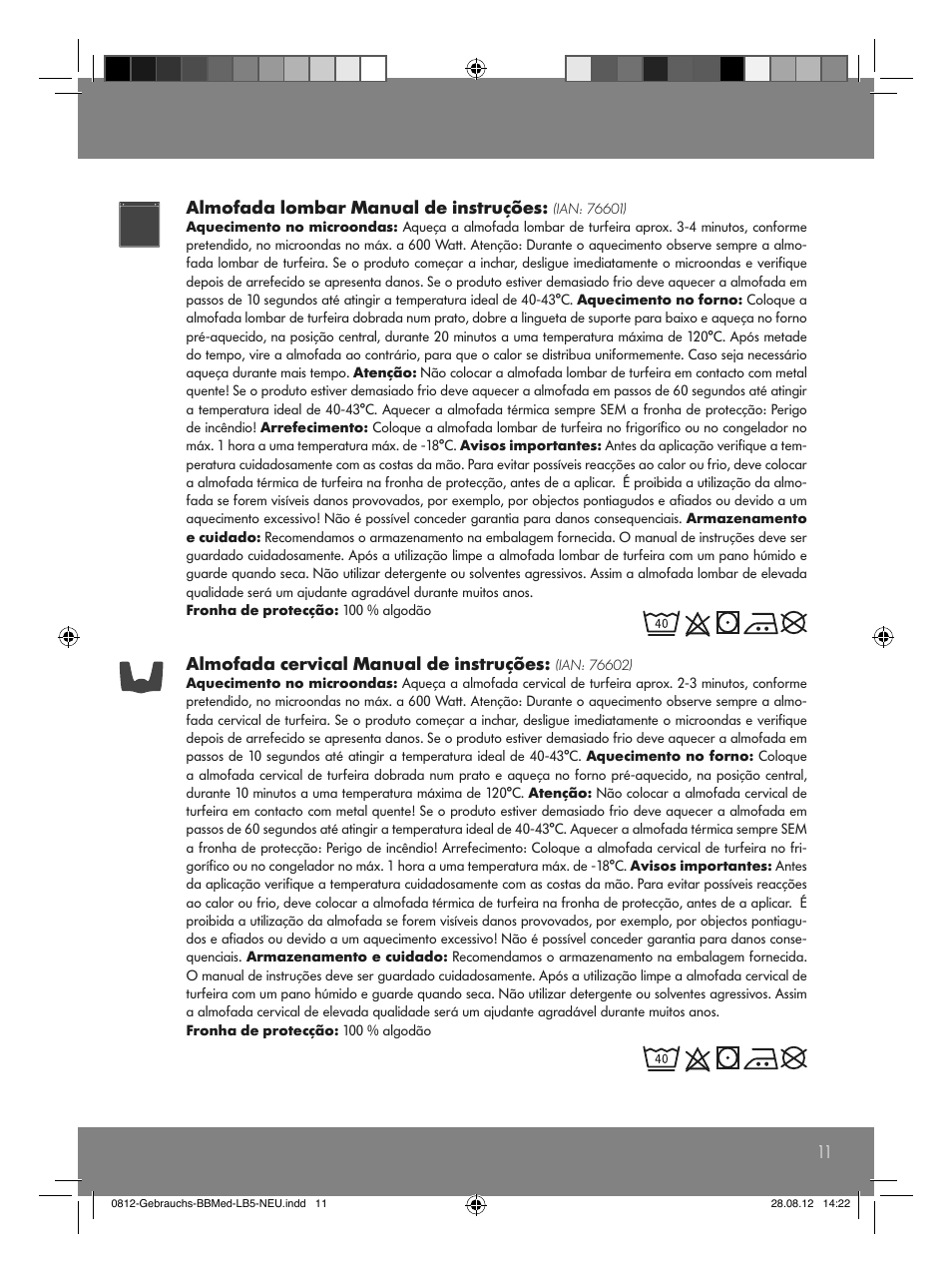 11 almofada lombar manual de instruções, Almofada cervical manual de instruções | Sensiplast Moor Mud Pillow User Manual | Page 11 / 16