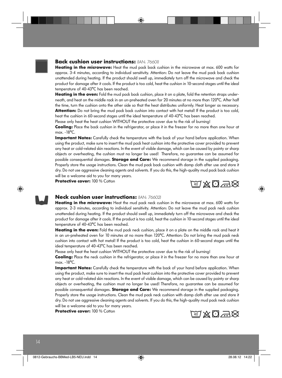 14 back cushion user instructions, Neck cushion user instructions | Sensiplast Moor Mud Pillow User Manual | Page 14 / 16