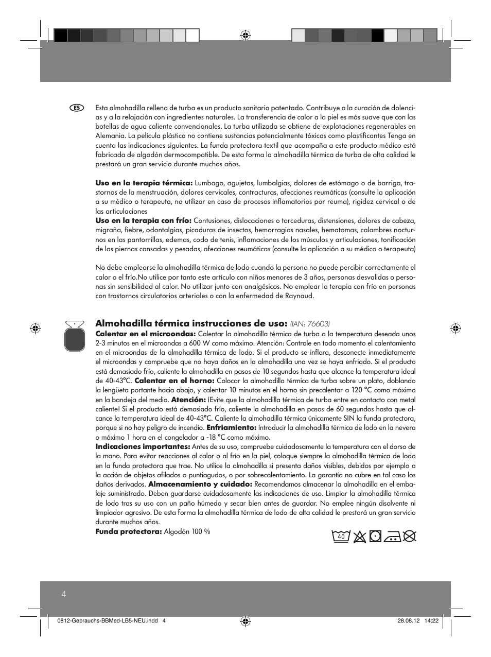Almohadilla térmica instrucciones de uso | Sensiplast Moor Mud Pillow User Manual | Page 4 / 16