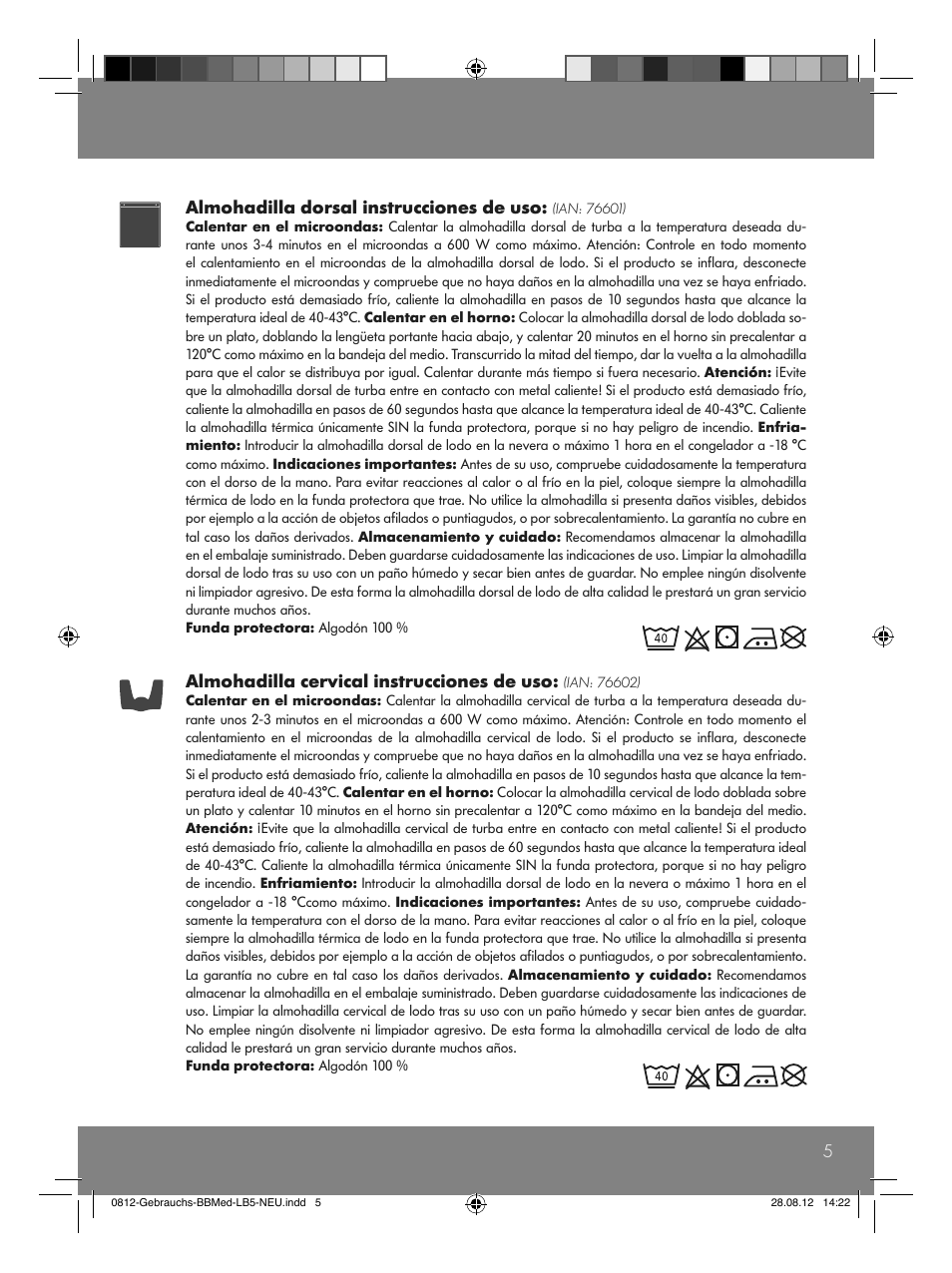 5almohadilla dorsal instrucciones de uso, Almohadilla cervical instrucciones de uso | Sensiplast Moor Mud Pillow User Manual | Page 5 / 16