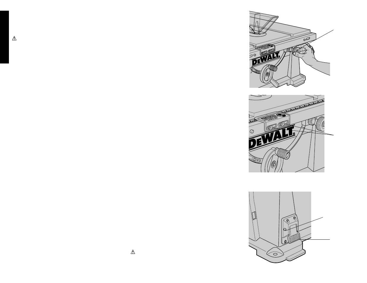 On-off switch, Adjustments, Saw blades | English | DeWalt DW744 User Manual | Page 10 / 37