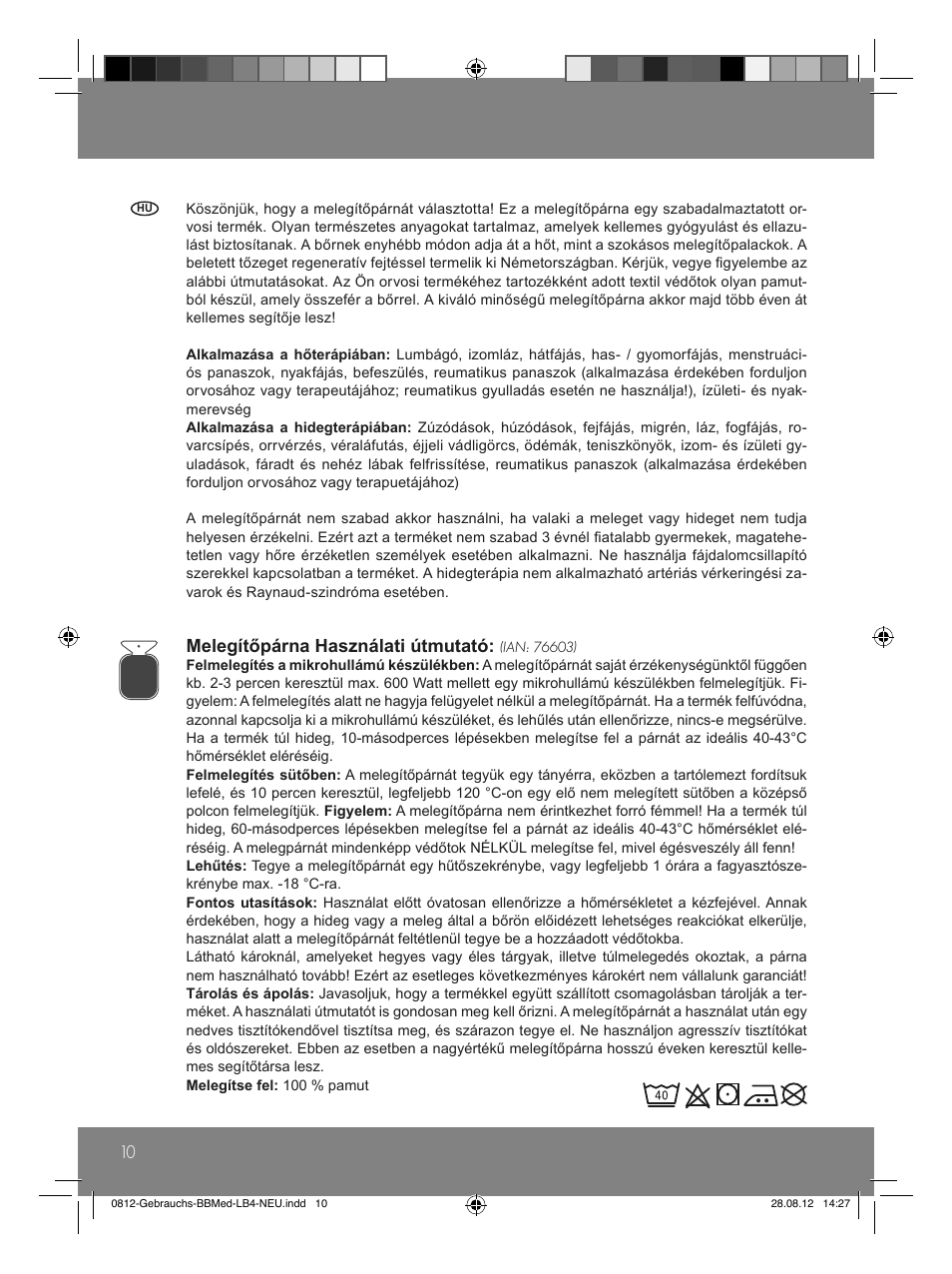 Melegítőpárna használati útmutató | Sensiplast Moor Mud Pillow User Manual | Page 10 / 24