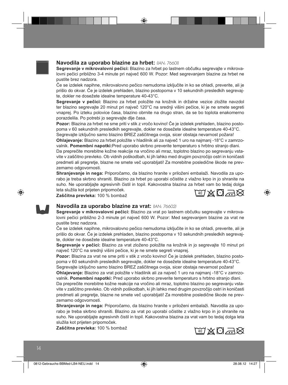 14 navodila za uporabo blazine za hrbet, Navodila za uporabo blazine za vrat | Sensiplast Moor Mud Pillow User Manual | Page 14 / 24