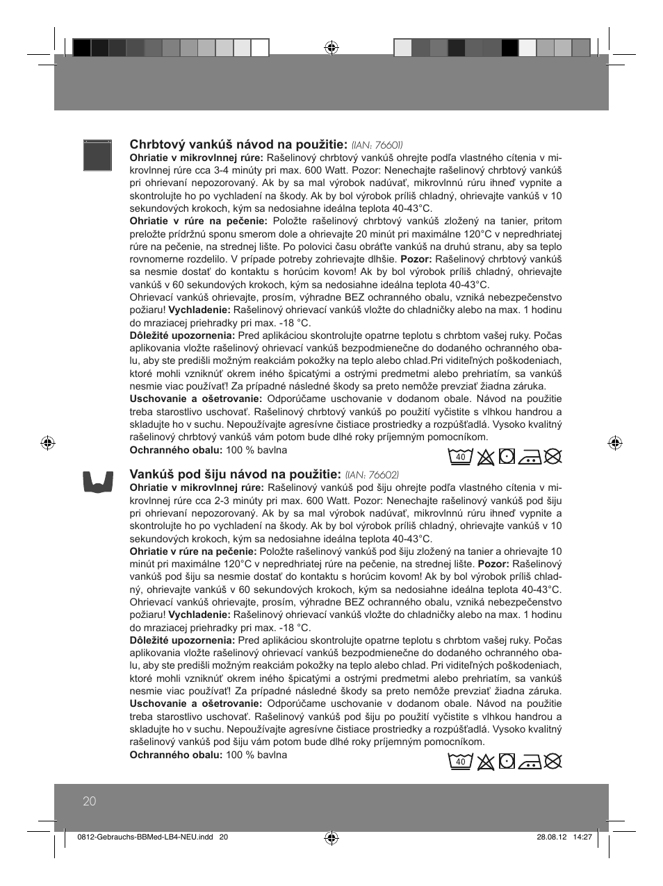 20 chrbtový vankúš návod na použitie, Vankúš pod šiju návod na použitie | Sensiplast Moor Mud Pillow User Manual | Page 20 / 24