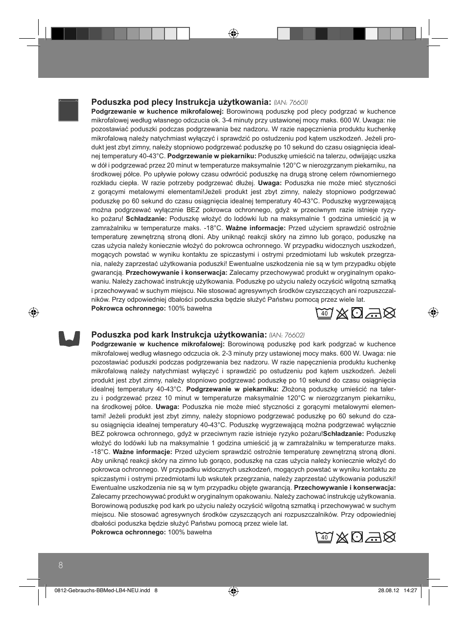 Poduszka pod plecy instrukcja użytkowania, Poduszka pod kark instrukcja użytkowania | Sensiplast Moor Mud Pillow User Manual | Page 8 / 24