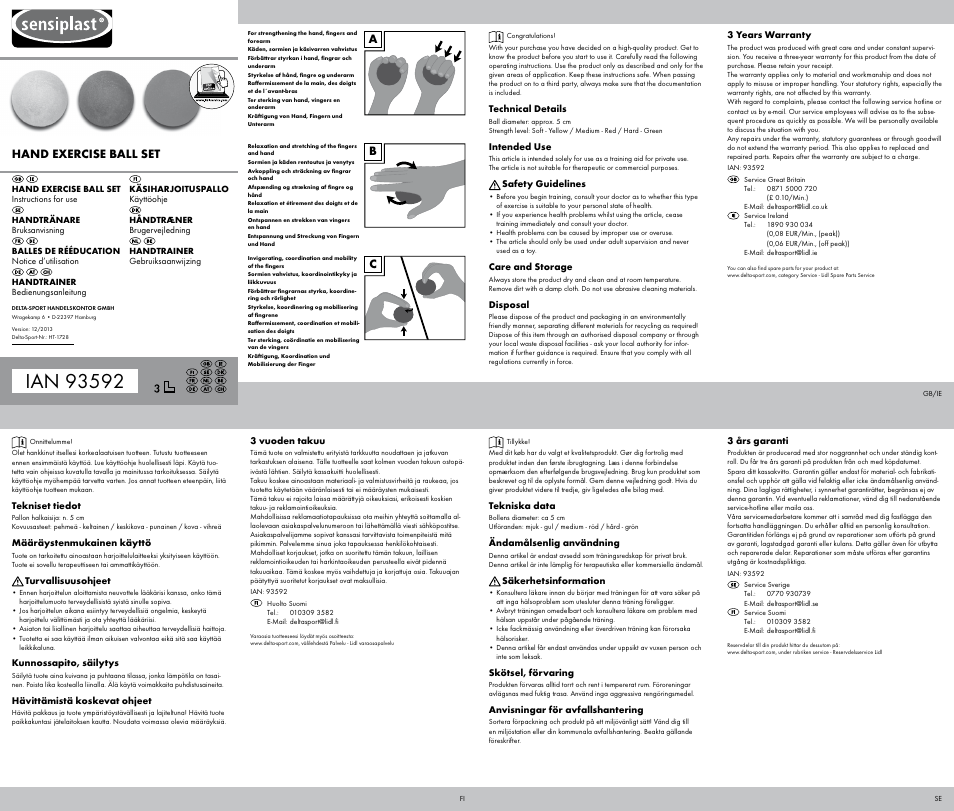 Sensiplast HAND EXERCISE BALL SET User Manual | 2 pages