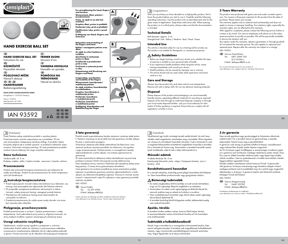 Sensiplast HAND EXERCISE BALL SET User Manual | 2 pages