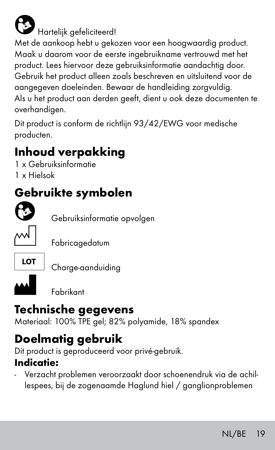 Inhoud verpakking, Gebruikte symbolen, Technische gegevens | Doelmatig gebruik | Sensiplast HEEL SLEEVE User Manual | Page 19 / 28