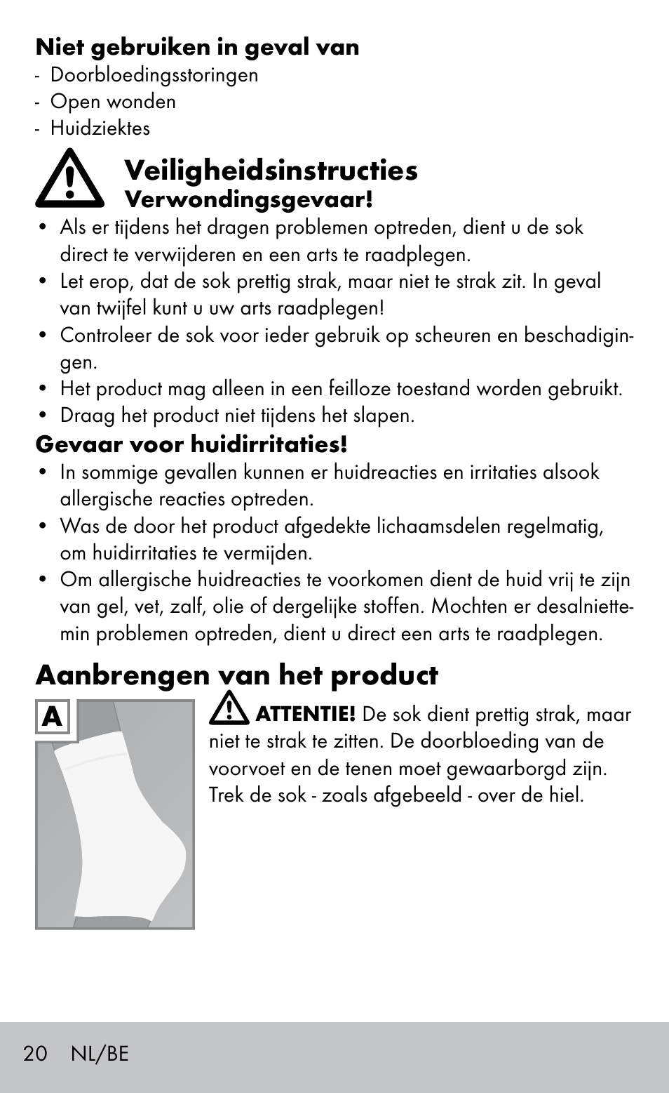Veiligheidsinstructies, Aanbrengen van het product | Sensiplast HEEL SLEEVE User Manual | Page 20 / 28