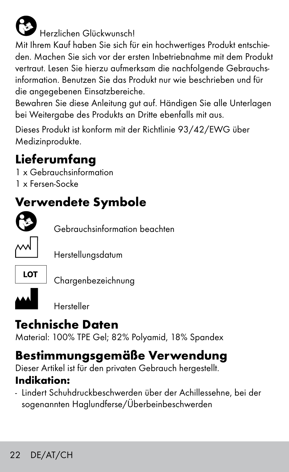 Lieferumfang, Verwendete symbole, Technische daten | Bestimmungsgemäße verwendung | Sensiplast HEEL SLEEVE User Manual | Page 22 / 28