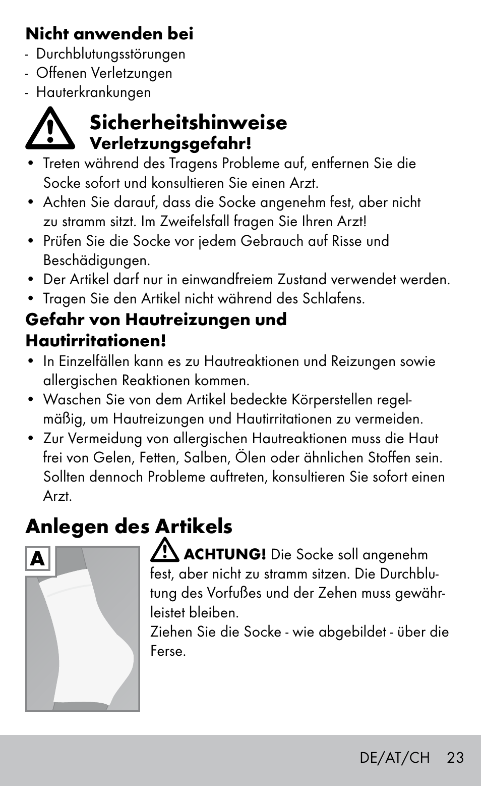 Sicherheitshinweise, Anlegen des artikels | Sensiplast HEEL SLEEVE User Manual | Page 23 / 28