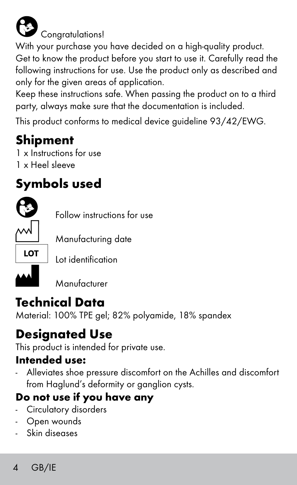 Shipment, Symbols used, Technical data | Designated use | Sensiplast HEEL SLEEVE User Manual | Page 4 / 28