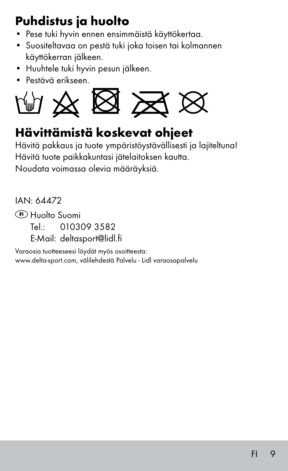 Puhdistus ja huolto, Hävittämistä koskevat ohjeet | Sensiplast HEEL SLEEVE User Manual | Page 9 / 28