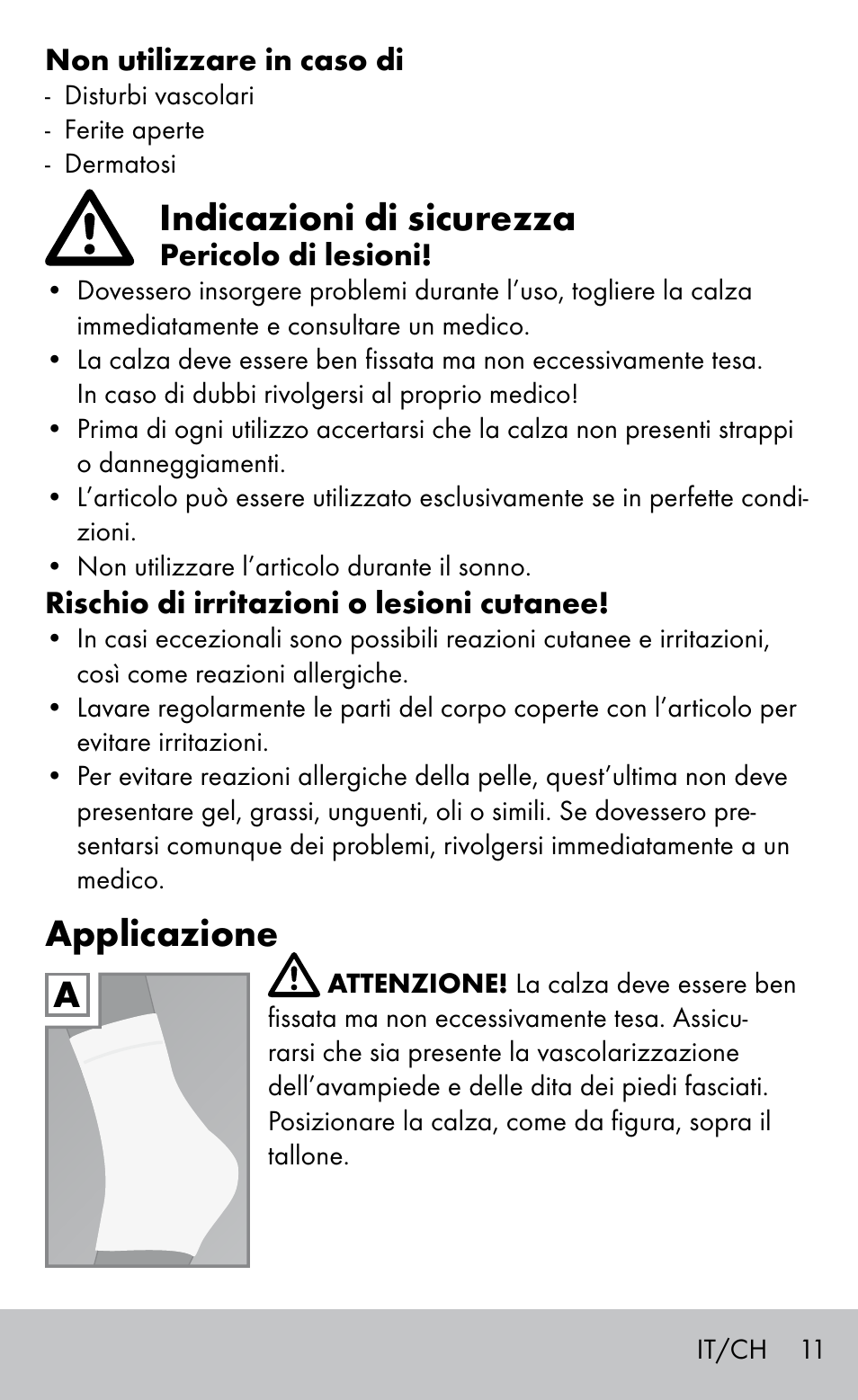 Indicazioni di sicurezza, Applicazione | Sensiplast HEEL SLEEVE User Manual | Page 11 / 20