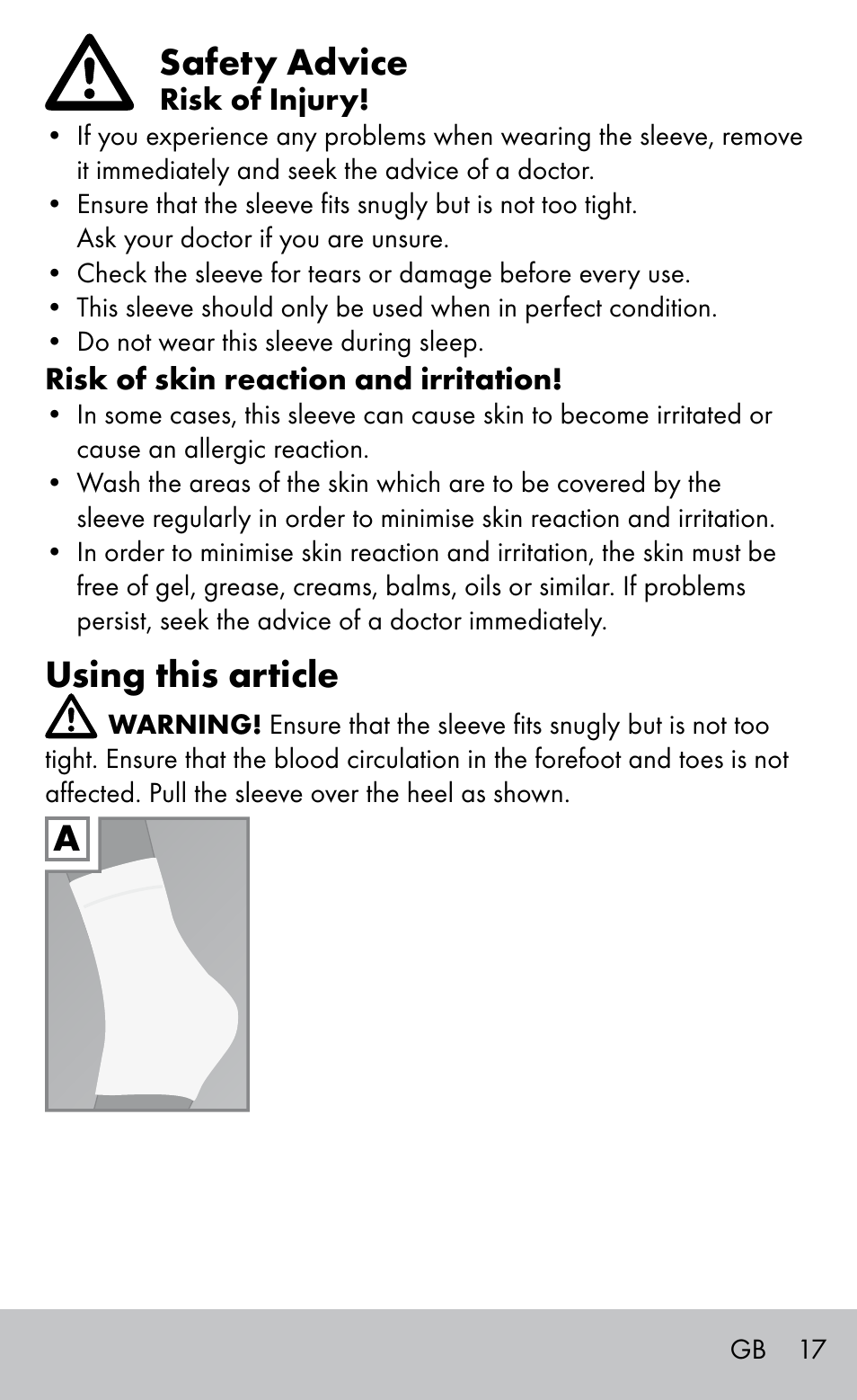 Safety advice, Using this article | Sensiplast HEEL SLEEVE User Manual | Page 17 / 20