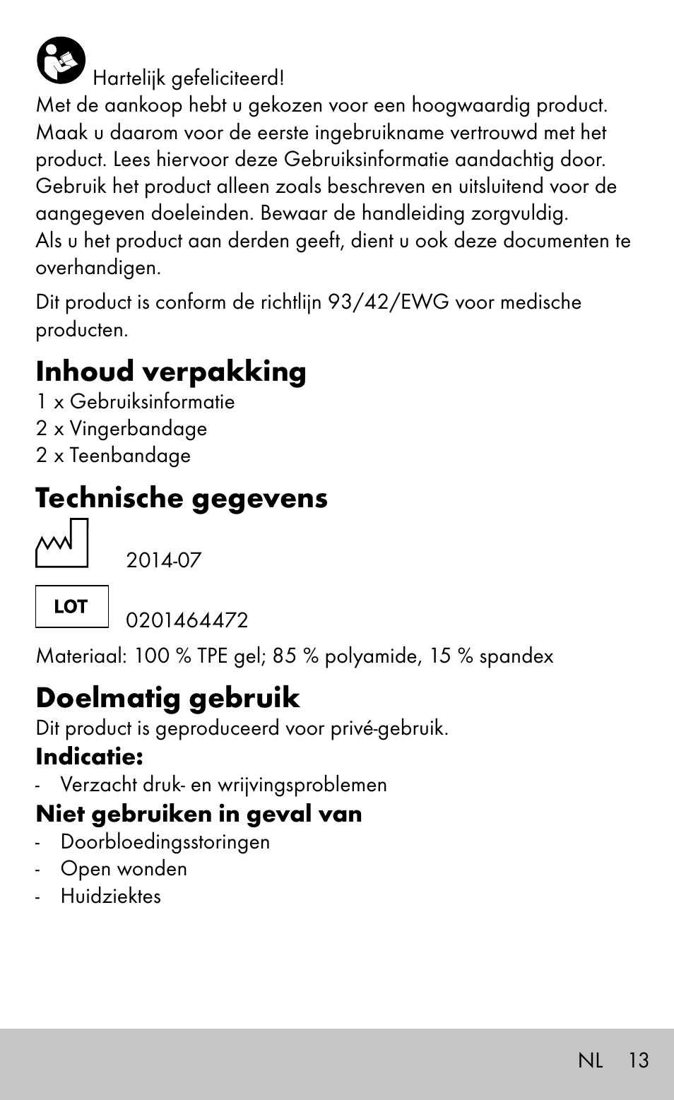 Inhoud verpakking, Technische gegevens, Doelmatig gebruik | Sensiplast FINGER & TOE BANDAGES User Manual | Page 13 / 20