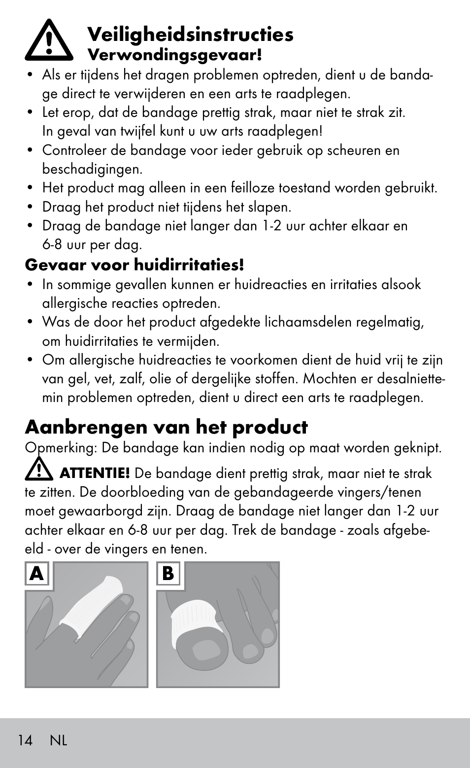 Veiligheidsinstructies, Aanbrengen van het product | Sensiplast FINGER & TOE BANDAGES User Manual | Page 14 / 20