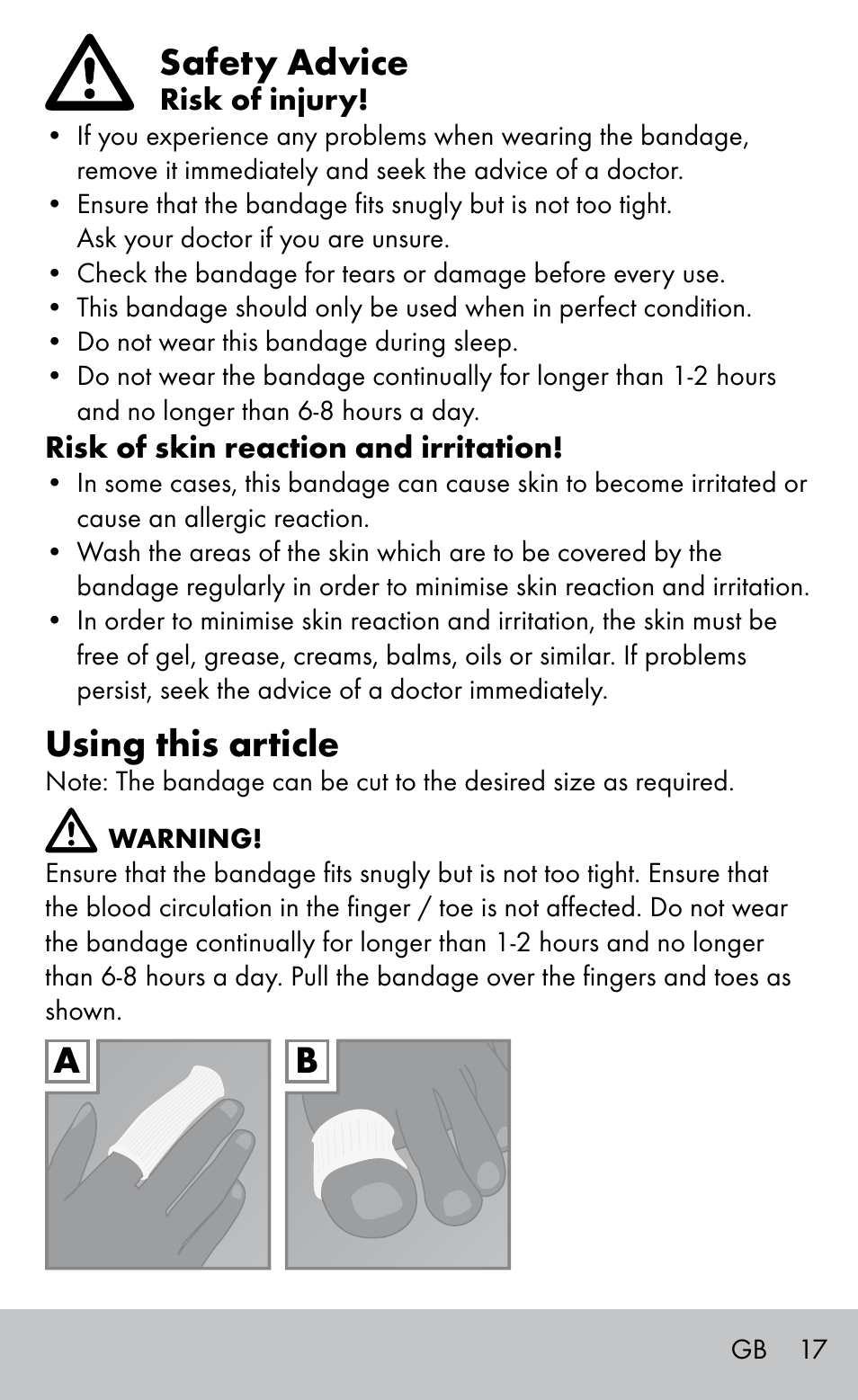 Safety advice, Using this article | Sensiplast FINGER & TOE BANDAGES User Manual | Page 17 / 20