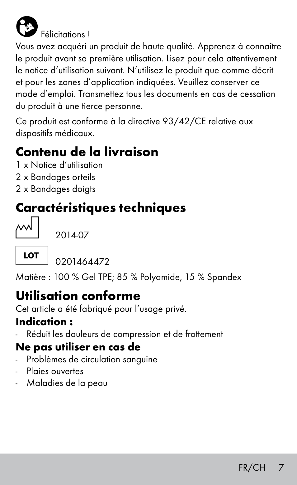 Contenu de la livraison, Caractéristiques techniques, Utilisation conforme | Sensiplast FINGER & TOE BANDAGES User Manual | Page 7 / 20