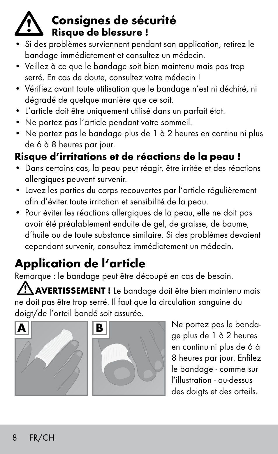 Consignes de sécurité, Application de l‘article | Sensiplast FINGER & TOE BANDAGES User Manual | Page 8 / 20