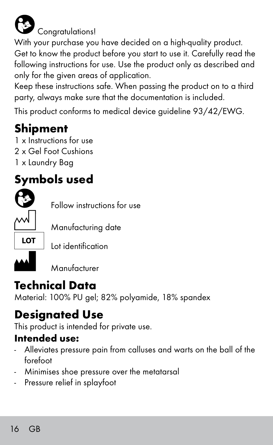 Shipment, Symbols used, Technical data | Designated use | Sensiplast GEL FOOT CUSHIONS User Manual | Page 16 / 20