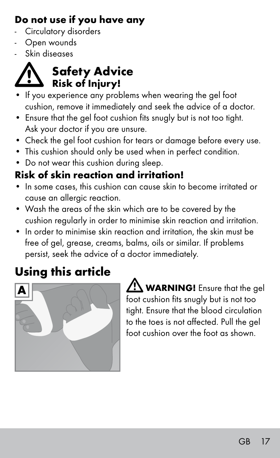 Safety advice, Using this article | Sensiplast GEL FOOT CUSHIONS User Manual | Page 17 / 20