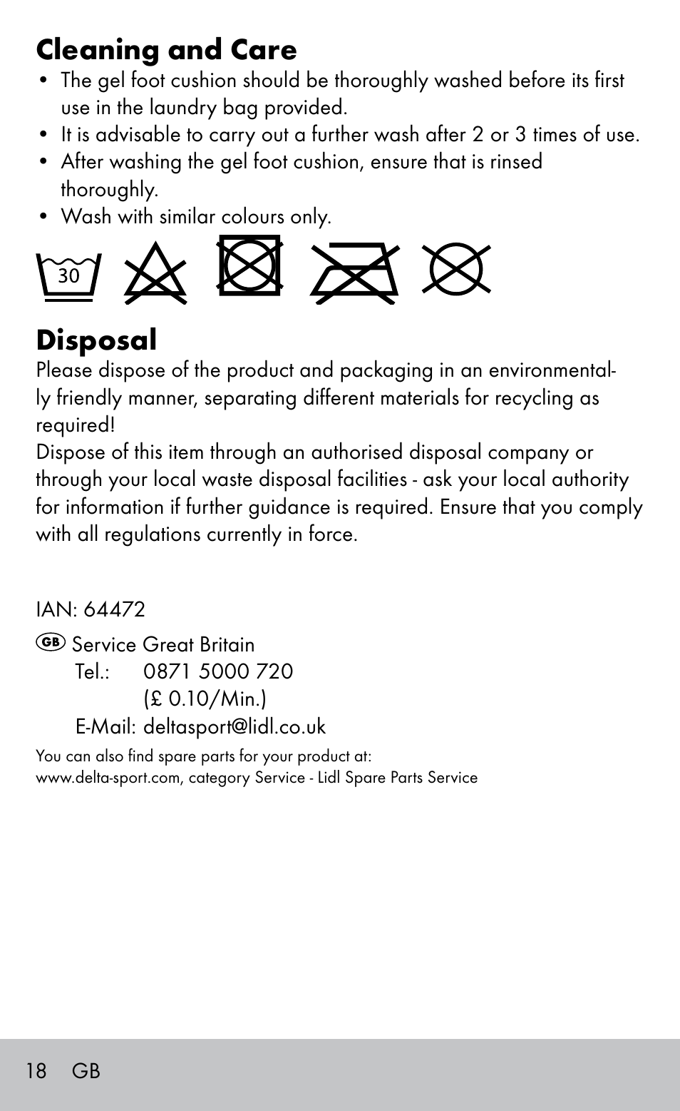 Cleaning and care, Disposal | Sensiplast GEL FOOT CUSHIONS User Manual | Page 18 / 20