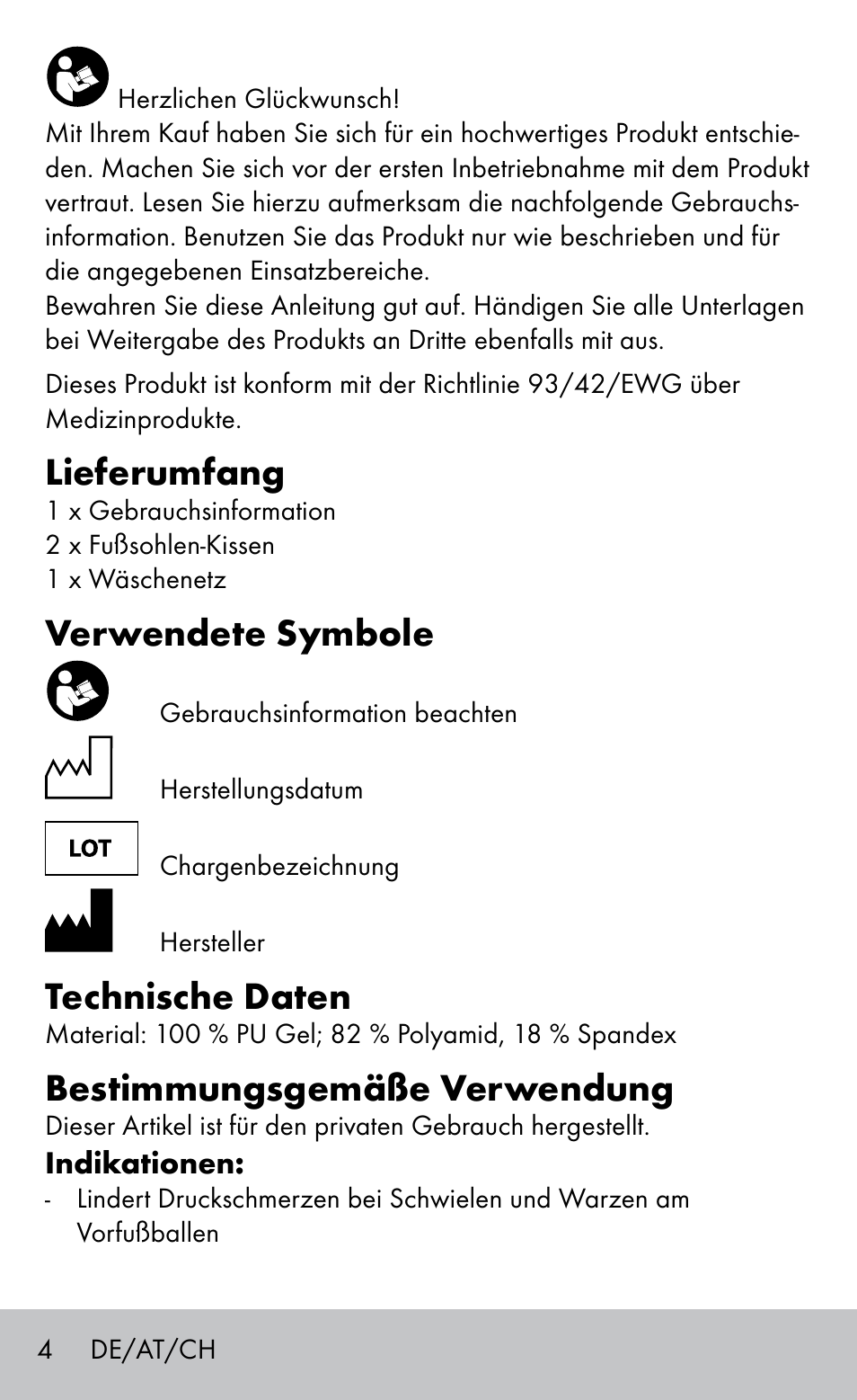 Lieferumfang, Verwendete symbole, Technische daten | Bestimmungsgemäße verwendung | Sensiplast GEL FOOT CUSHIONS User Manual | Page 4 / 20