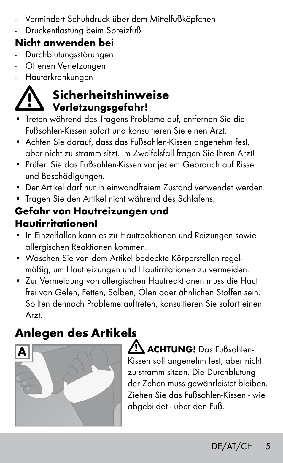 Sicherheitshinweise, Anlegen des artikels | Sensiplast GEL FOOT CUSHIONS User Manual | Page 5 / 20