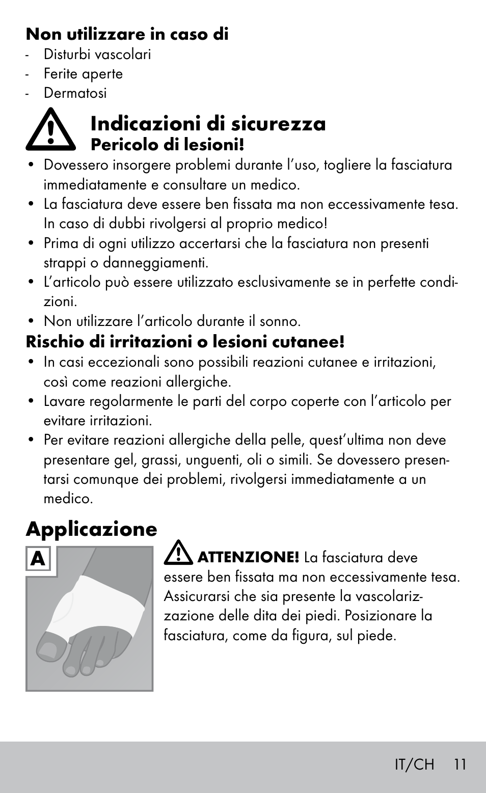 Indicazioni di sicurezza, Applicazione | Sensiplast BUNION BRACE User Manual | Page 11 / 20