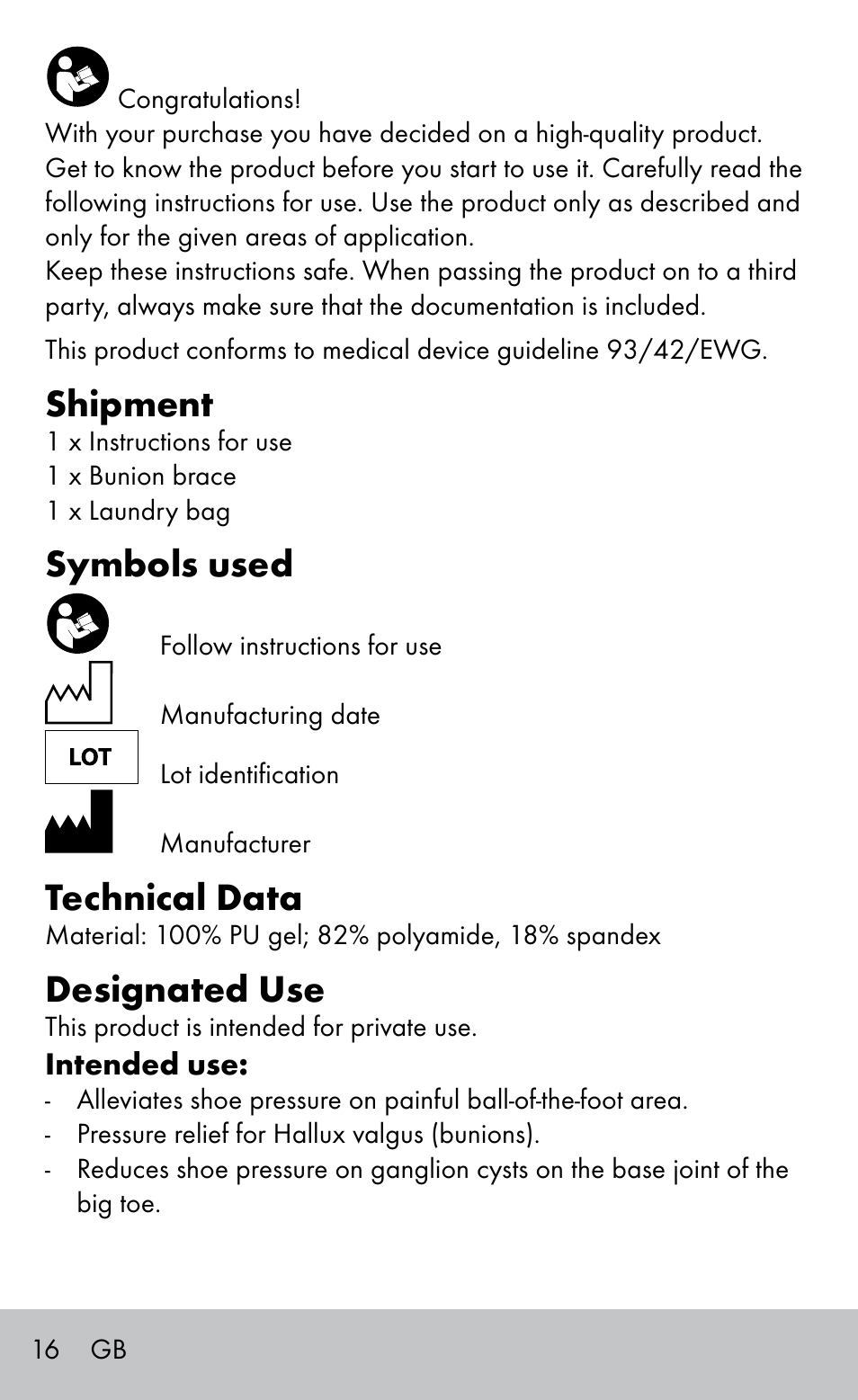 Shipment, Symbols used, Technical data | Designated use | Sensiplast BUNION BRACE User Manual | Page 16 / 20