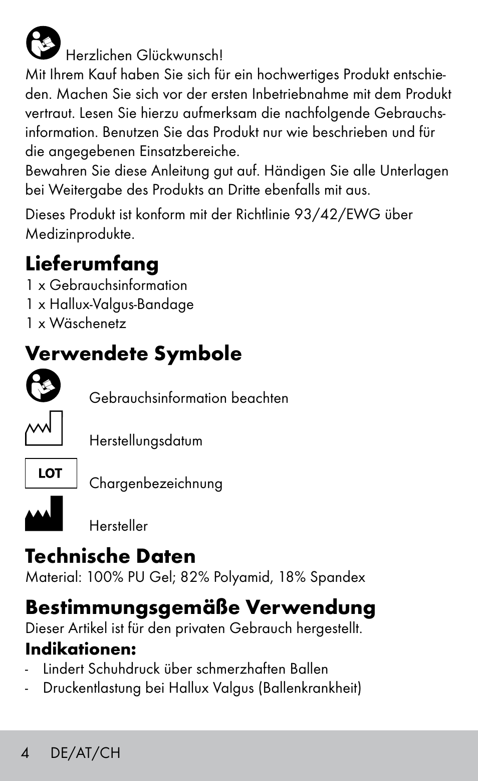 Lieferumfang, Verwendete symbole, Technische daten | Bestimmungsgemäße verwendung | Sensiplast BUNION BRACE User Manual | Page 4 / 20