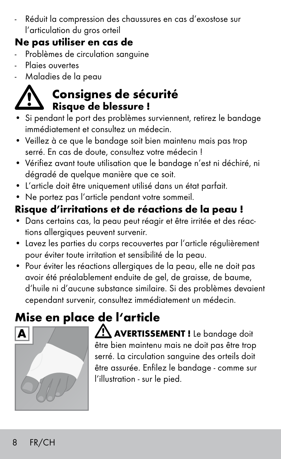 Consignes de sécurité, Mise en place de l‘article | Sensiplast BUNION BRACE User Manual | Page 8 / 20