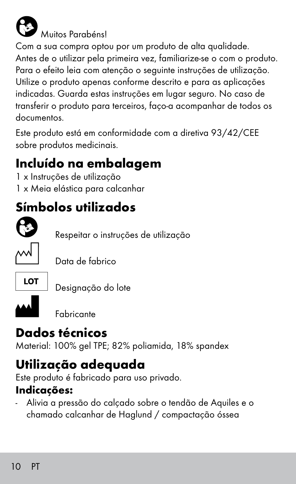 Incluído na embalagem, Símbolos utilizados, Dados técnicos | Utilização adequada | Sensiplast HEEL SLEEVE User Manual | Page 10 / 20