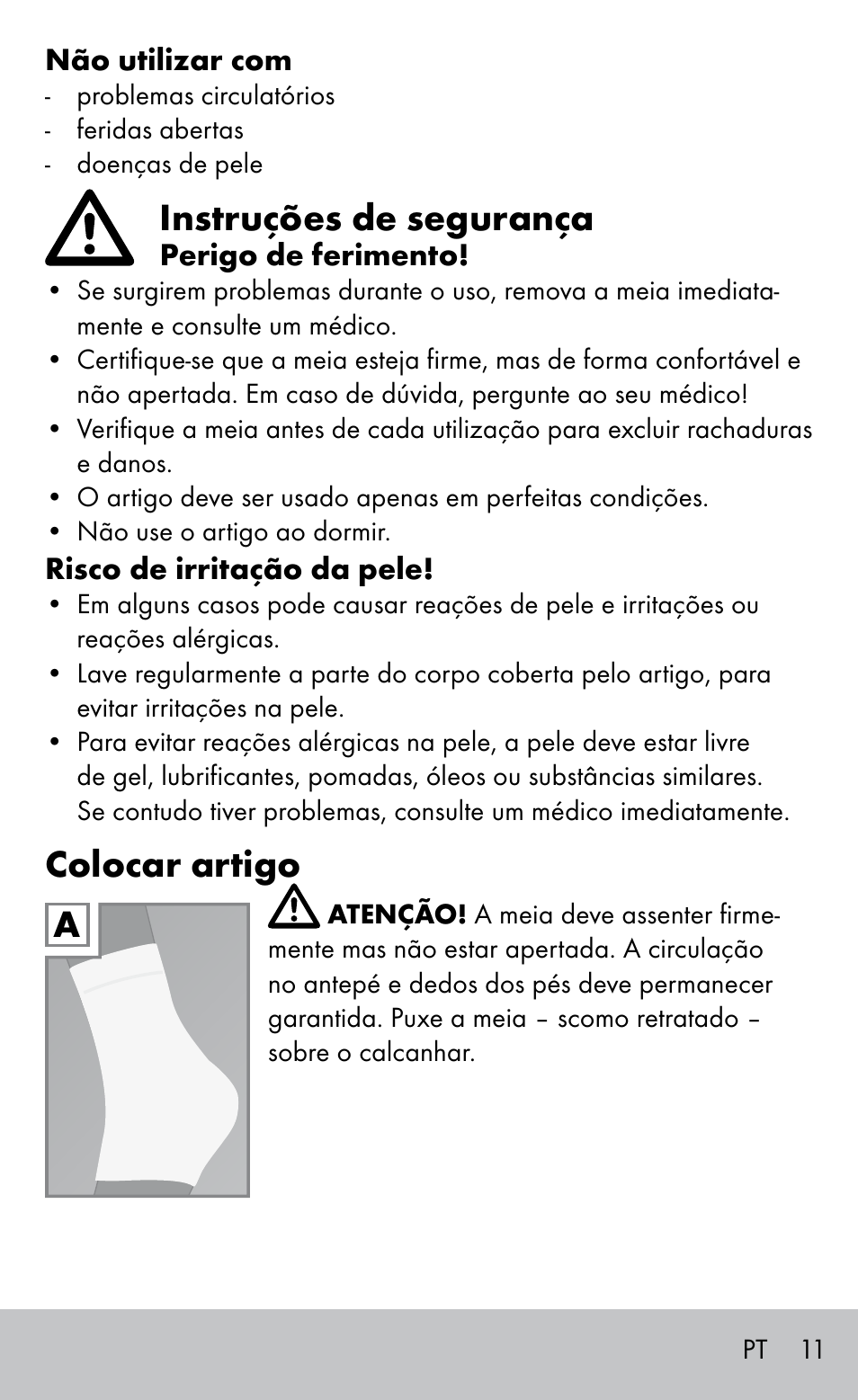 Instruções de segurança, Colocar artigo | Sensiplast HEEL SLEEVE User Manual | Page 11 / 20