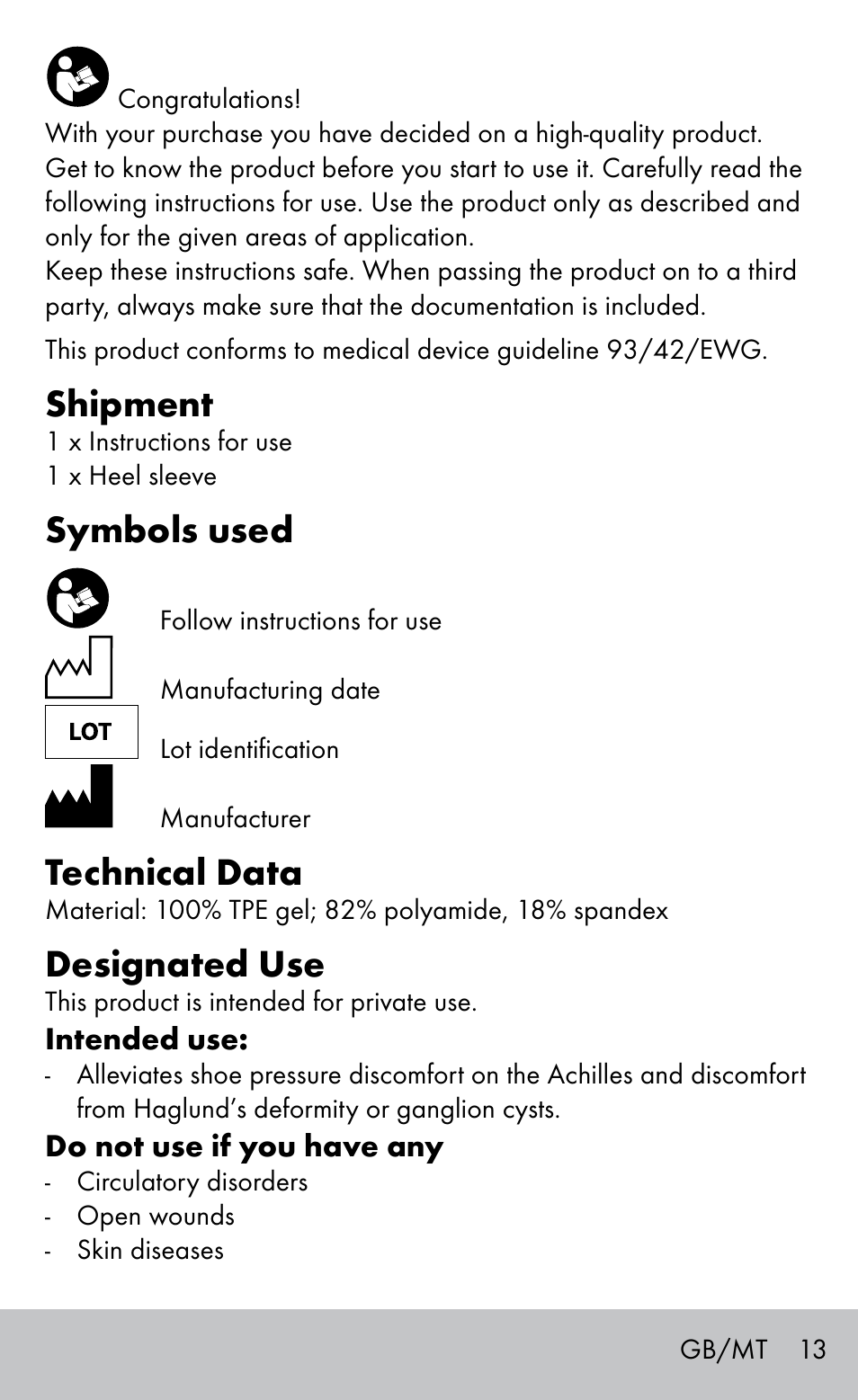 Shipment, Symbols used, Technical data | Designated use | Sensiplast HEEL SLEEVE User Manual | Page 13 / 20