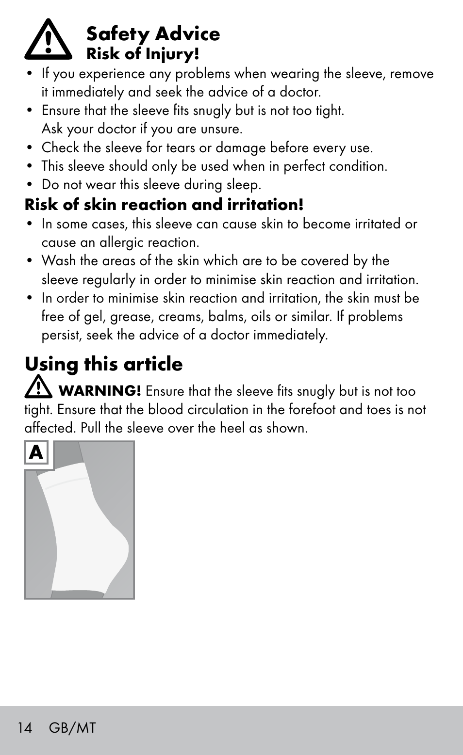 Safety advice, Using this article | Sensiplast HEEL SLEEVE User Manual | Page 14 / 20