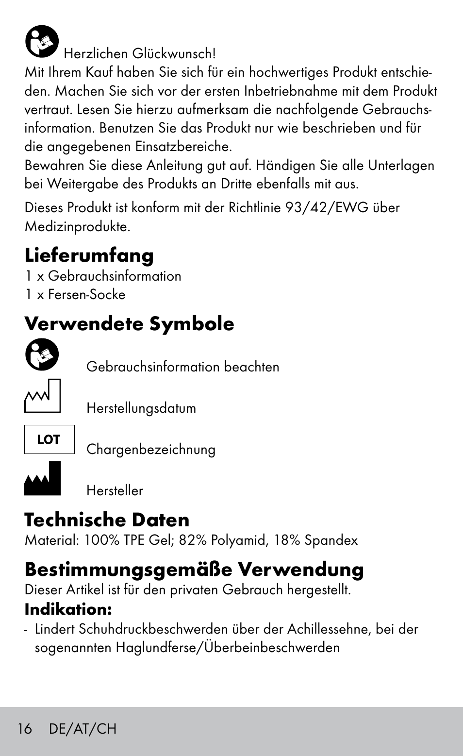 Lieferumfang, Verwendete symbole, Technische daten | Bestimmungsgemäße verwendung | Sensiplast HEEL SLEEVE User Manual | Page 16 / 20