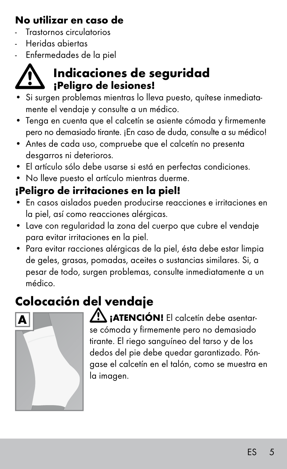 Indicaciones de seguridad, Colocación del vendaje | Sensiplast HEEL SLEEVE User Manual | Page 5 / 20