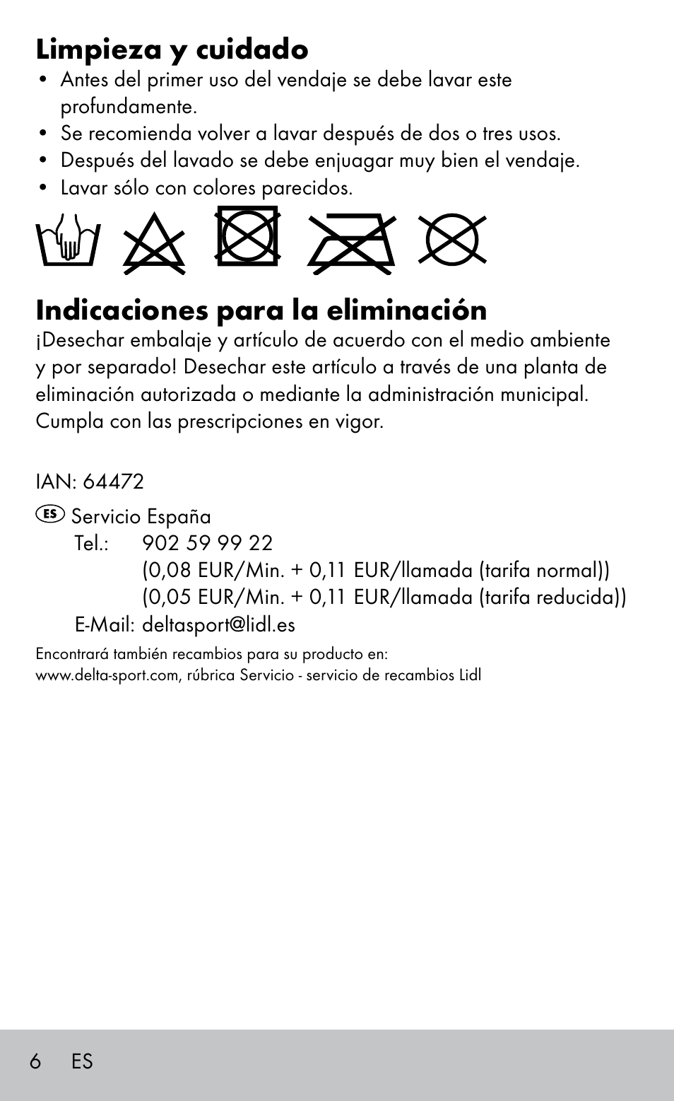 Limpieza y cuidado, Indicaciones para la eliminación | Sensiplast HEEL SLEEVE User Manual | Page 6 / 20