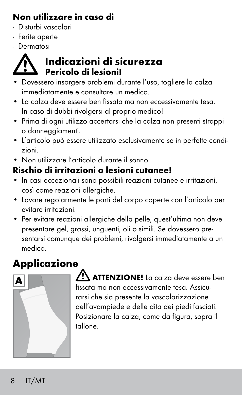 Indicazioni di sicurezza, Applicazione | Sensiplast HEEL SLEEVE User Manual | Page 8 / 20