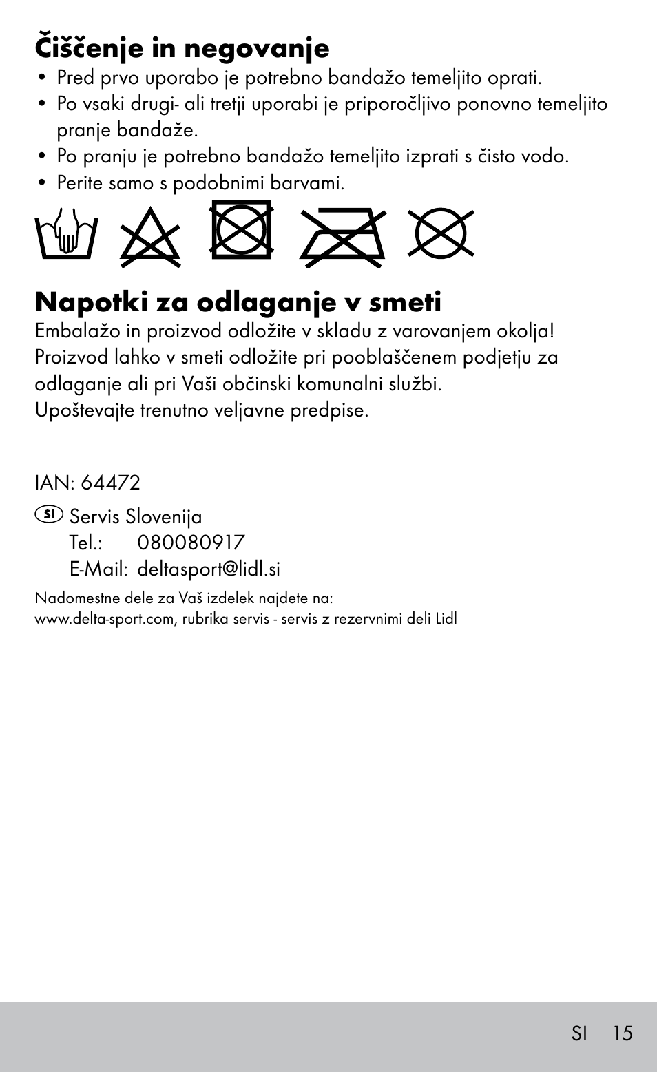 Čiščenje in negovanje, Napotki za odlaganje v smeti | Sensiplast HEEL SLEEVE User Manual | Page 15 / 28