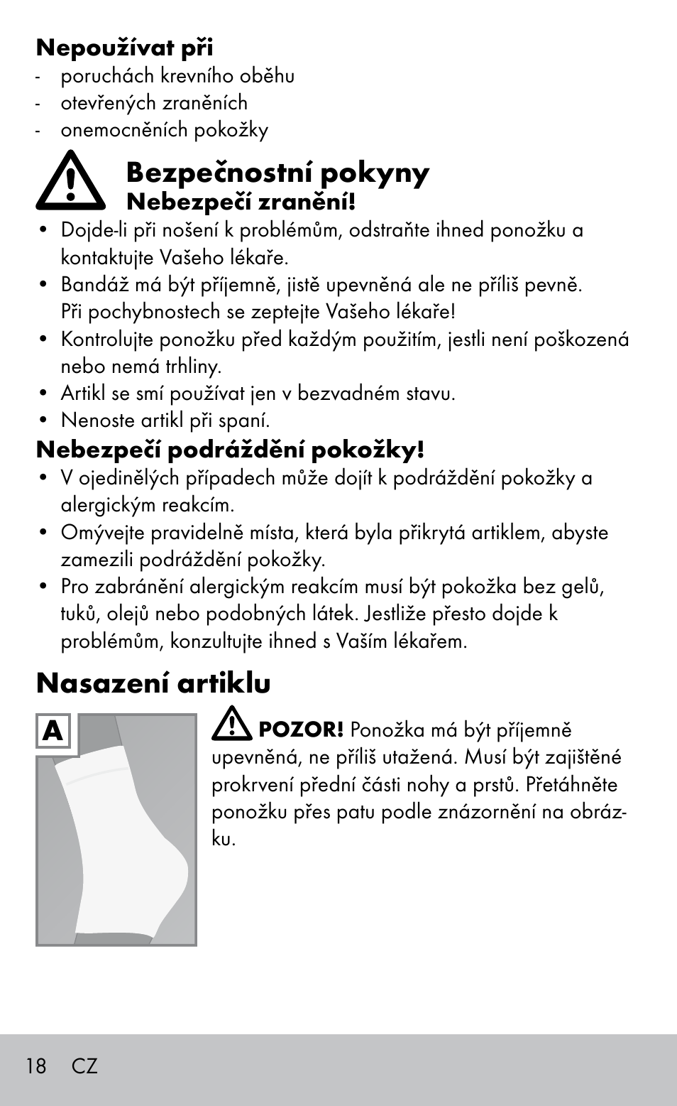 Bezpečnostní pokyny, Nasazení artiklu | Sensiplast HEEL SLEEVE User Manual | Page 18 / 28