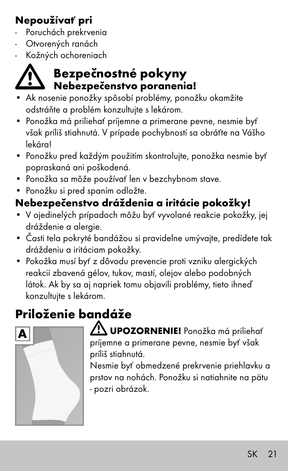 Bezpečnostné pokyny, Priloženie bandáže | Sensiplast HEEL SLEEVE User Manual | Page 21 / 28