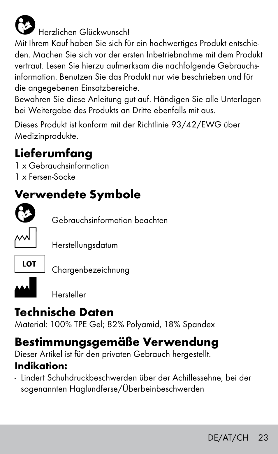 Lieferumfang, Verwendete symbole, Technische daten | Bestimmungsgemäße verwendung | Sensiplast HEEL SLEEVE User Manual | Page 23 / 28