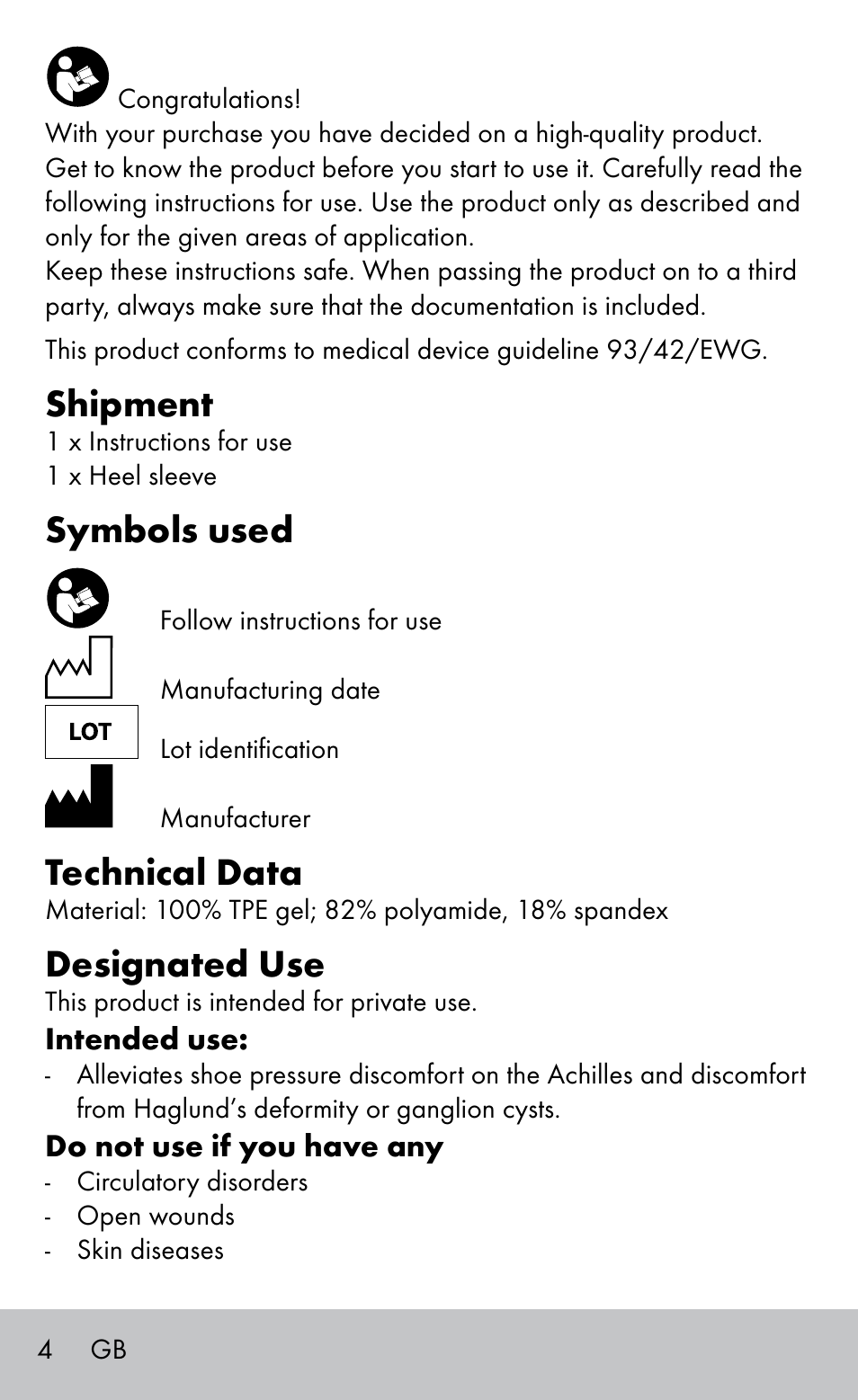 Shipment, Symbols used, Technical data | Designated use | Sensiplast HEEL SLEEVE User Manual | Page 4 / 28