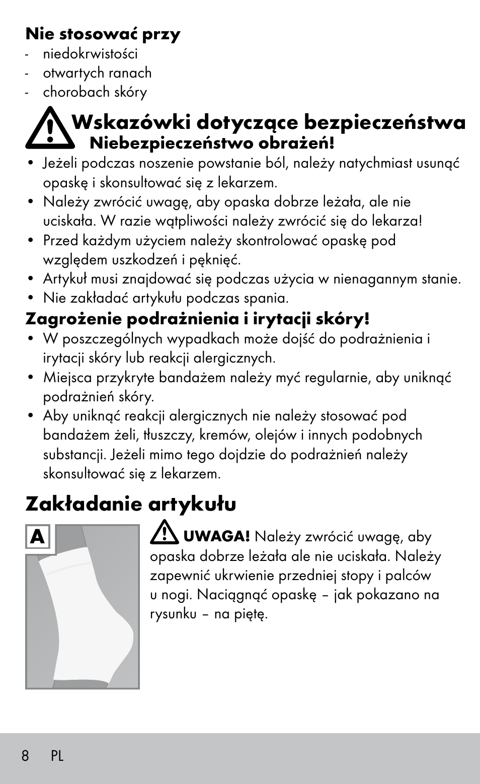 Wskazówki dotyczące bezpieczeństwa, Zakładanie artykułu | Sensiplast HEEL SLEEVE User Manual | Page 8 / 28