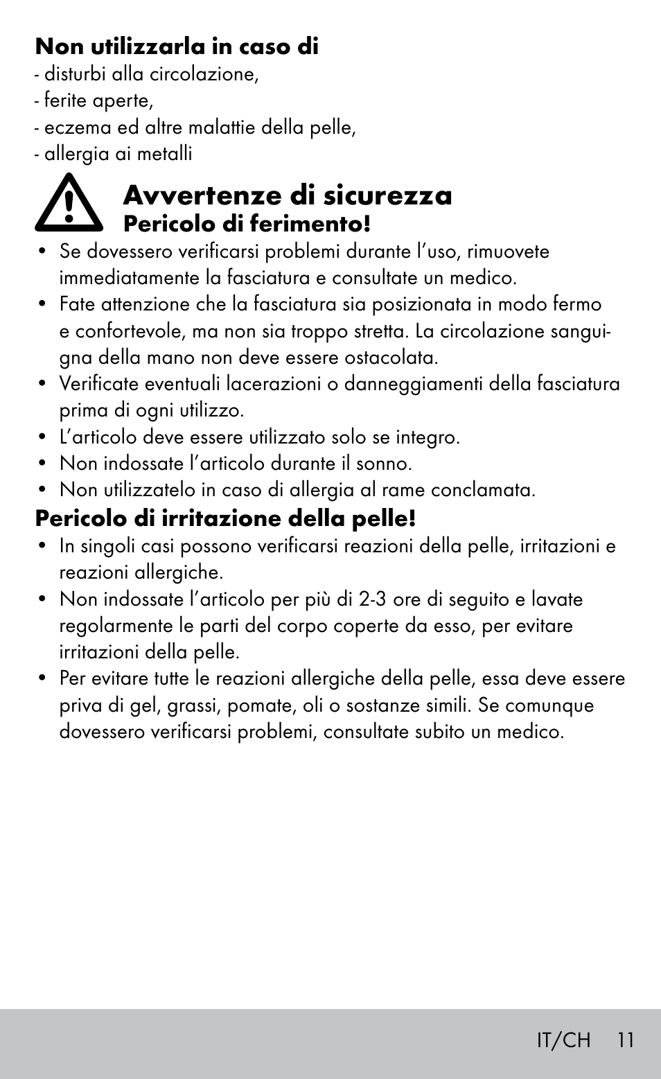 Avvertenze di sicurezza | Sensiplast Elbow support bandage User Manual | Page 11 / 20