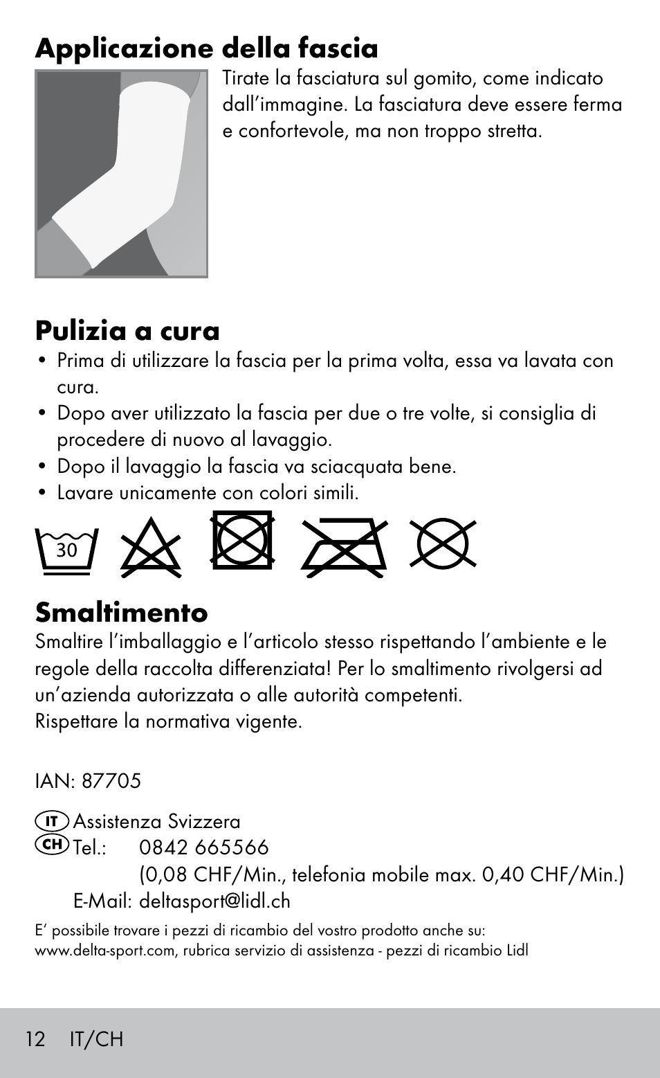 Applicazione della fascia, Pulizia a cura, Smaltimento | Sensiplast Elbow support bandage User Manual | Page 12 / 20